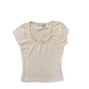 Faded Rose Pink Heart Pointelle Scoop Neck Top Short Sleeve Coquette M (0950)